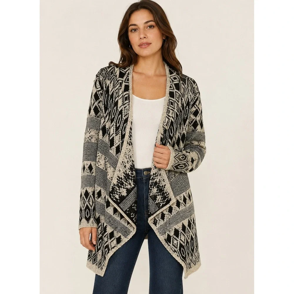 Lucky Brand Cardigan Womens Large Black Cream Aztec Open Front Boho Sweater